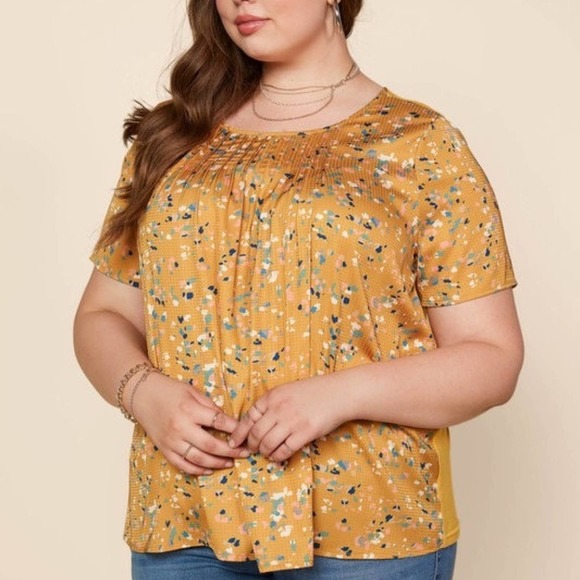 Abstract Dot Print Pleated Short Sleeve Contrast Womens Plus Size Golden Blouse - Picture 5 of 9